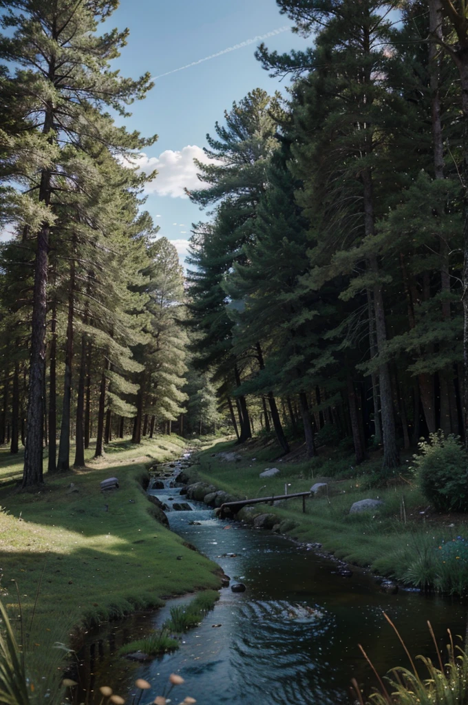 a countryside village in the USA, a small stream flowing through the pine trees, picturesque landscape, realistic, photorealistic, photo-realistic:1.37, 4k, 8k, highres, masterpiece:1.2, ultra-detailed, detailed landscape, detailed nature, beautiful sky, cinematic lighting, vibrant colors, serene atmosphere, lush greenery, tranquil creek, towering pine trees, idyllic scenery