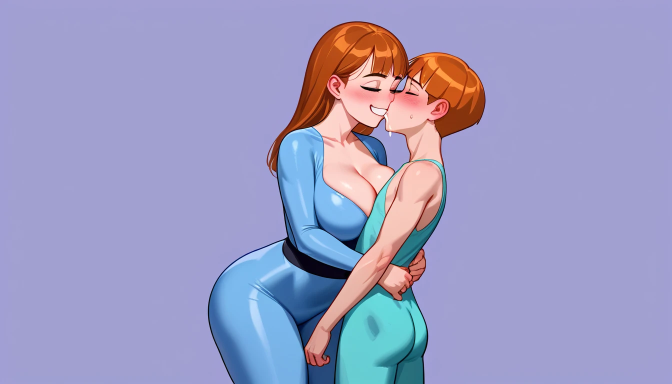 NSFW Maddie fenton, raping her son, a sexy milf, mature body, realistic anime artwork with intricate details and colors, masterpiece, wearing a skintight blue bodysuit accentuating her curves, half cleavage her breasts tightly squeezed by her clothes, a young  boy is forcibly held against her body, orange hair, bobcut, no panties, curvy toned physique with big breasts and ass and tiny waist, wicked horny look in her eyes, a wicked grin of dominance on her face, dominating boy, dominant, fucks boy against his will, rapes a young boy, holds boy against his will, forcing boy to cum, the boy is desperate and intoxicated with maddie, kissing