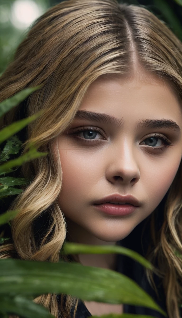 surreal portrait of Chloë Grace Moretz, beautiful detailed eyes,beautiful detailed lips,extremely detailed face, brunette girl, jungle setting, vines, tropical plants, muddy ground, rain,dramatic lighting, cinematic, moody colors, highly detailed, hyper realistic, 8K, (best quality,4k,8k,highres,masterpiece:1.2),ultra-detailed,(realistic,photorealistic,photo-realistic:1.37)