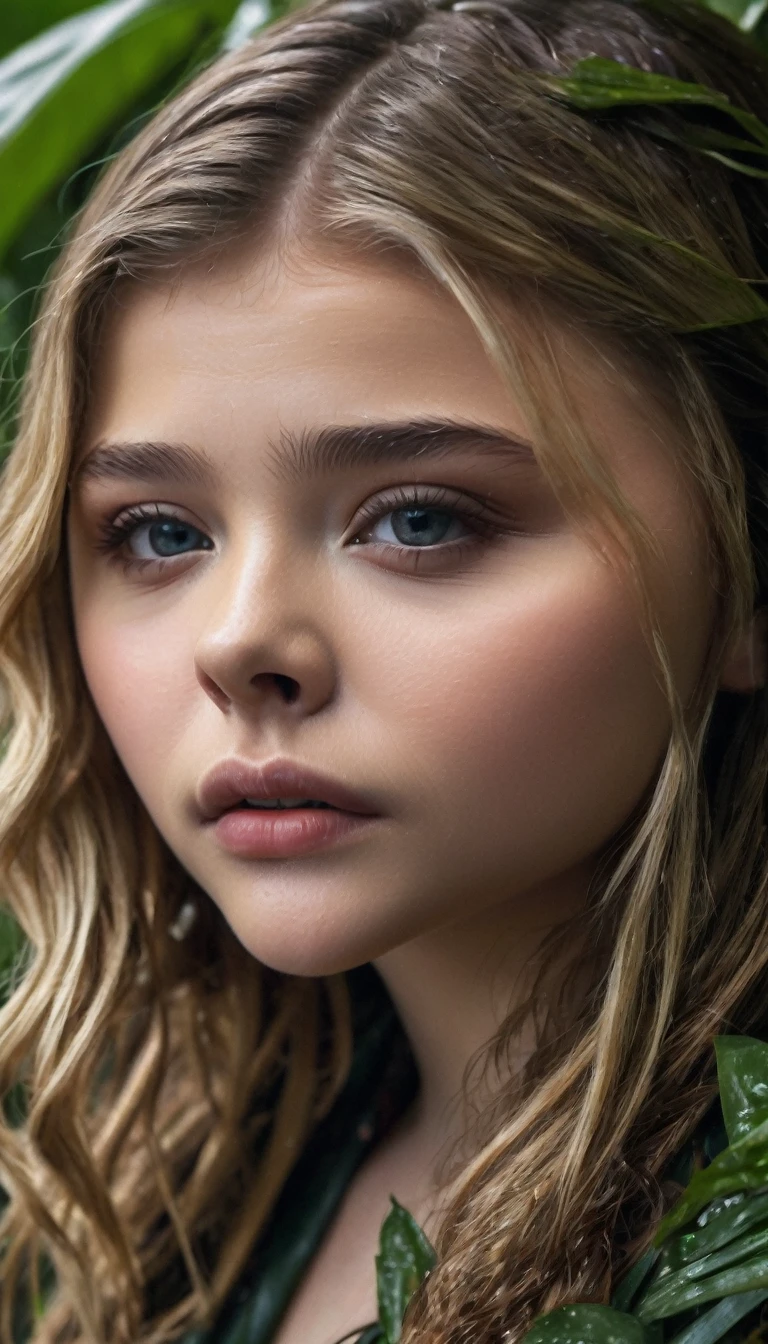 surreal portrait of Chloë Grace Moretz, beautiful detailed eyes,beautiful detailed lips,extremely detailed face, brunette girl, jungle setting, vines, tropical plants, muddy ground, rain,dramatic lighting, cinematic, moody colors, highly detailed, hyper realistic, 8K, (best quality,4k,8k,highres,masterpiece:1.2),ultra-detailed,(realistic,photorealistic,photo-realistic:1.37)