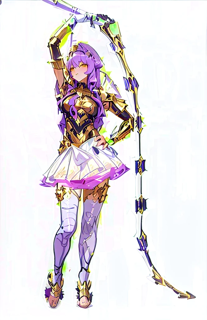 ((detailed)), High_quality, (realistic), CG, art, 8k, masterpiece, (front), character_art, (Sirin), purple_hair, long_hair, medium_breasts, armor, (bodysuit), (greek_clothing), golden accents, latex_bodysuit, glowing_bodysuit, (high_Heels), sexy, lunar themed attire, triumphant pose, vi from arcane, (princess), crown
