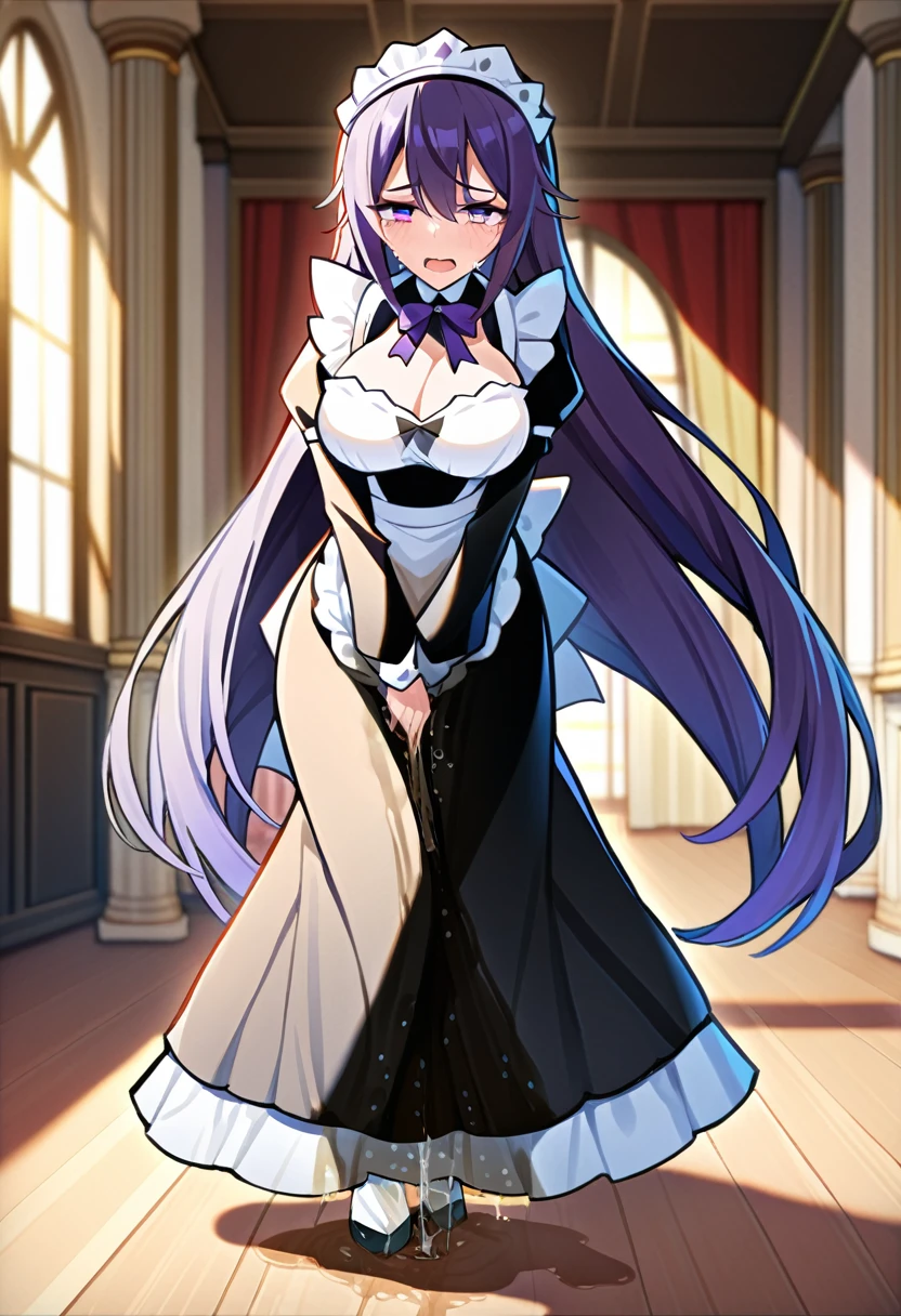 (masterpiece:1.37), best quality, (extremely detailed:1.37), woman, large breasts, (very long hair:1.5), dark purple hair, purple eyes, (extremely detailed eyes:1.37), maid uniform, (long dress:1.5), desperation, (wetting self:2.0), standing, indoors, fantasy setting, manor, mansion