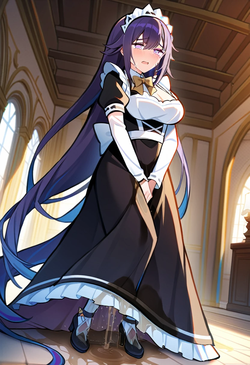 (masterpiece:1.37), best quality, (extremely detailed:1.37), woman, large breasts, (very long hair:1.5), dark purple hair, purple eyes, (extremely detailed eyes:1.37), maid uniform, (long dress:1.5), desperation, (wetting self:2.0), standing, indoors, fantasy setting, manor, mansion