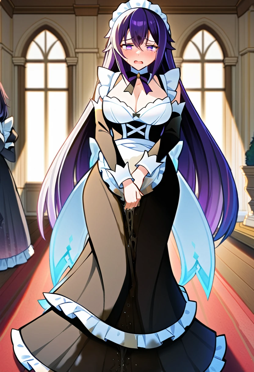 (masterpiece:1.37), best quality, (extremely detailed:1.37), woman, large breasts, (very long hair:1.5), dark purple hair, purple eyes, (extremely detailed eyes:1.37), maid uniform, (long dress:1.5), desperation, (wetting self:2.0), standing, indoors, fantasy setting, manor, mansion