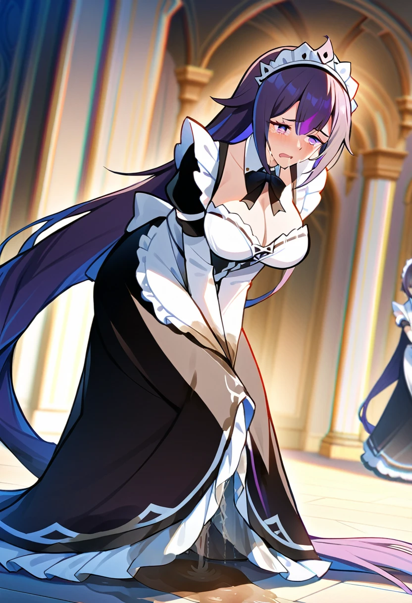 (masterpiece:1.37), best quality, (extremely detailed:1.37), woman, large breasts, (very long hair:1.5), dark purple hair, purple eyes, (extremely detailed eyes:1.37), maid uniform, (long dress:1.5), desperation, (wetting self:2.0), standing, indoors, fantasy setting, manor, mansion