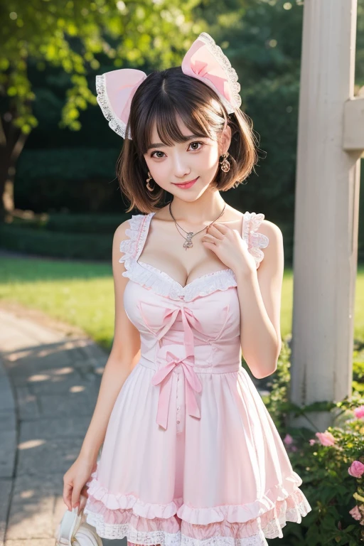 girl, White skin, ((Dark brown short tiered hair)), V cut with layers and bangs, Brown eyes, Soft atmosphere characteristics (Highest quality, Ultra-high resolution, 8K, RAW Photos, Ultra-high resolution: 1.2, masterpiece: 1.3), (Realistic, Realistic: 1.37), Very detailed, Professional Lighting, Photon Mapping, Radio City, Physically Based Rendering, One Girl, (high school girl), Sharp focus:1.2、Beautiful woman:1.4,cute, Nice, Adorable, smile, Normal chest, necklace、(Cleavage)((Lolita Fashion、Pink and white Lolita clothes))、Earrings,ring、Beautiful Skin、(Glowing Skin)、身で美しいgirl)、(Beautiful leg lines)、One Girl、(Full Body Shot)、cute、Smile、palace、palace、Dinner party、Selfie、