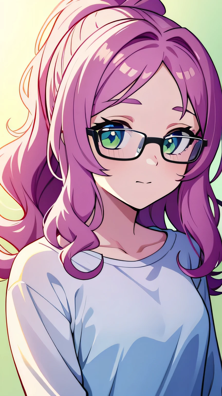 (high quality, breathtaking),(expressive eyes, perfect face) 1 girl, Female, One, , soft light pink hair, green eye color, average hair length, wavy curly hair, Looking at the viewer, half of the body, soft smile, kind face, shy girl, White skin, Dark Purple Shirt, star pattern shirt, glasses with thin black frames, loose pajama shorts, cute bedroom background, Garlands, cute ponytail, portrait, painful