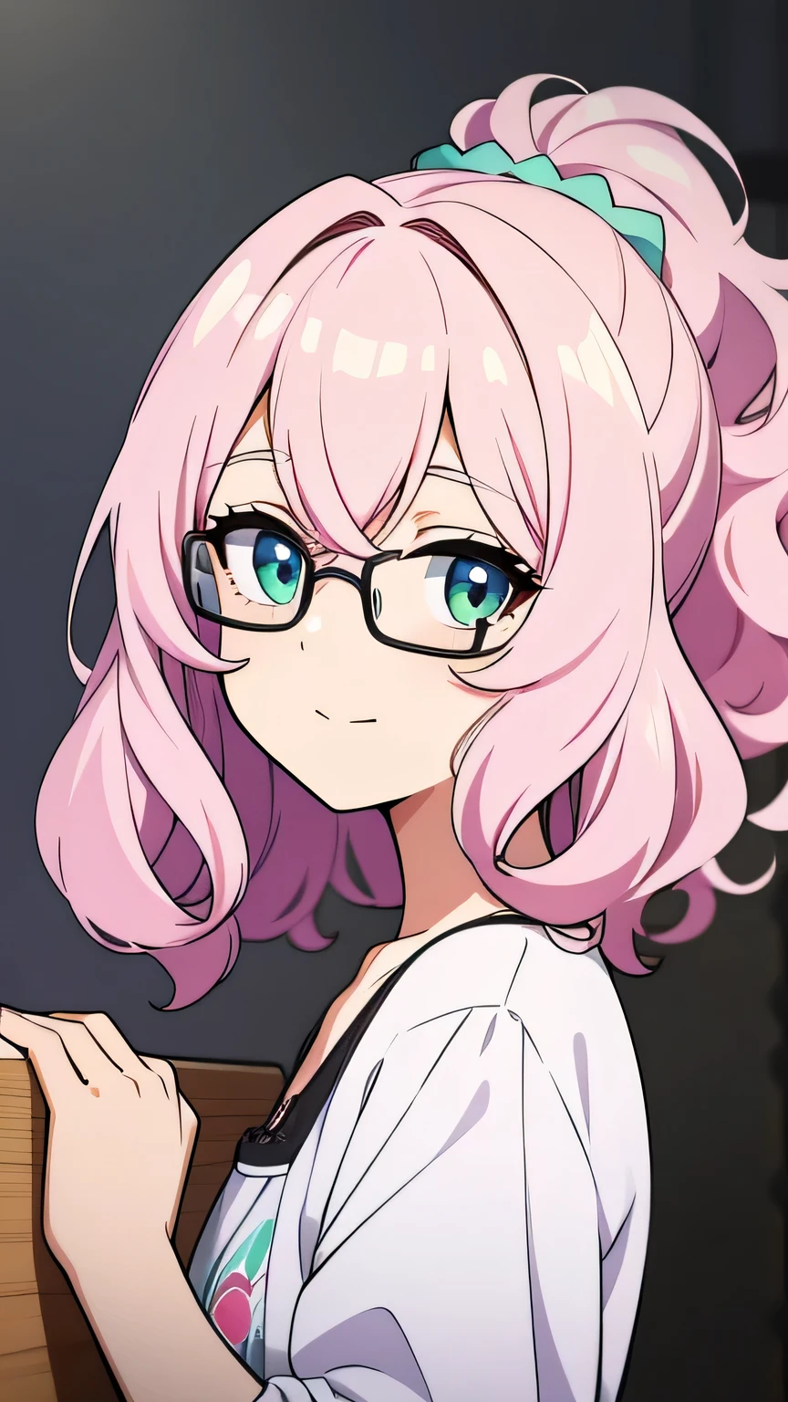 (high quality, breathtaking),(expressive eyes, perfect face) 1 girl, Female, One, , soft light pink hair, green eye color, average hair length, wavy curly hair, Looking at the viewer, half of the body, soft smile, kind face, shy girl, White skin, Dark Purple Shirt, star pattern shirt, glasses with thin black frames, loose pajama shorts, cute bedroom background, Garlands, cute ponytail, portrait, painful