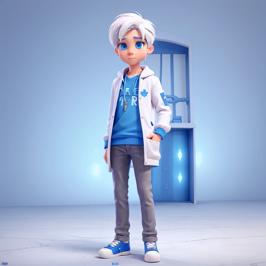 Create a boy with white hair and bright blue eyes, dressed like a rapper