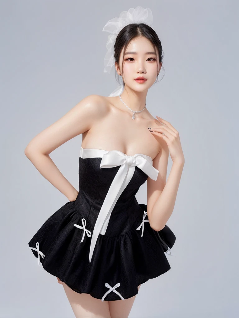 A closeup of a woman wearing a black and white dress, jia, chen xintong, in a dress, sheath dress, I'm sorry my, shaxi, ruan jia beautiful!, dilraba dilmurat, wenfeiye, Lu Ji, gongbi, beautiful chinese model, Full Body Xianxia, maid dress,TWICE'S SANA FACE