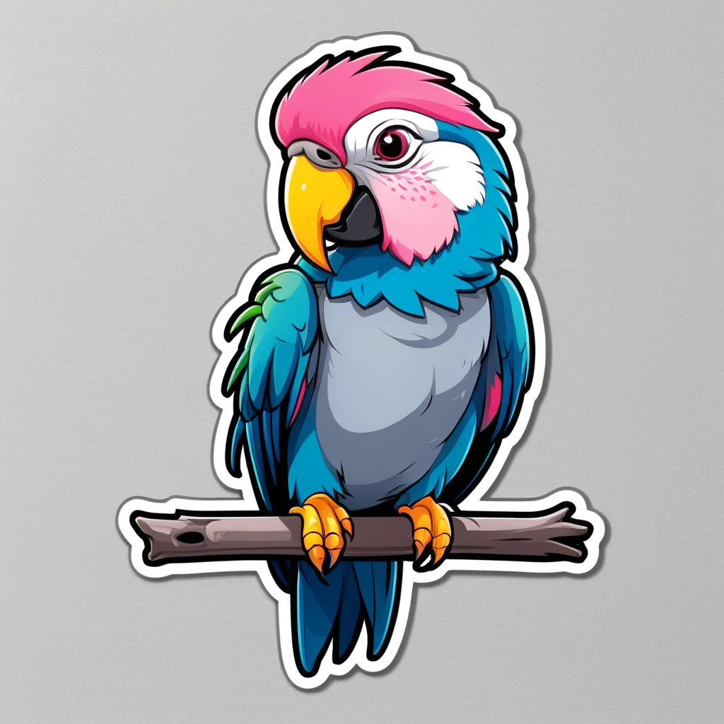 Clothing sticker design, cartoon parrot, parrot sticker, A high resolution, high detail, cartoon style, color gray and pink