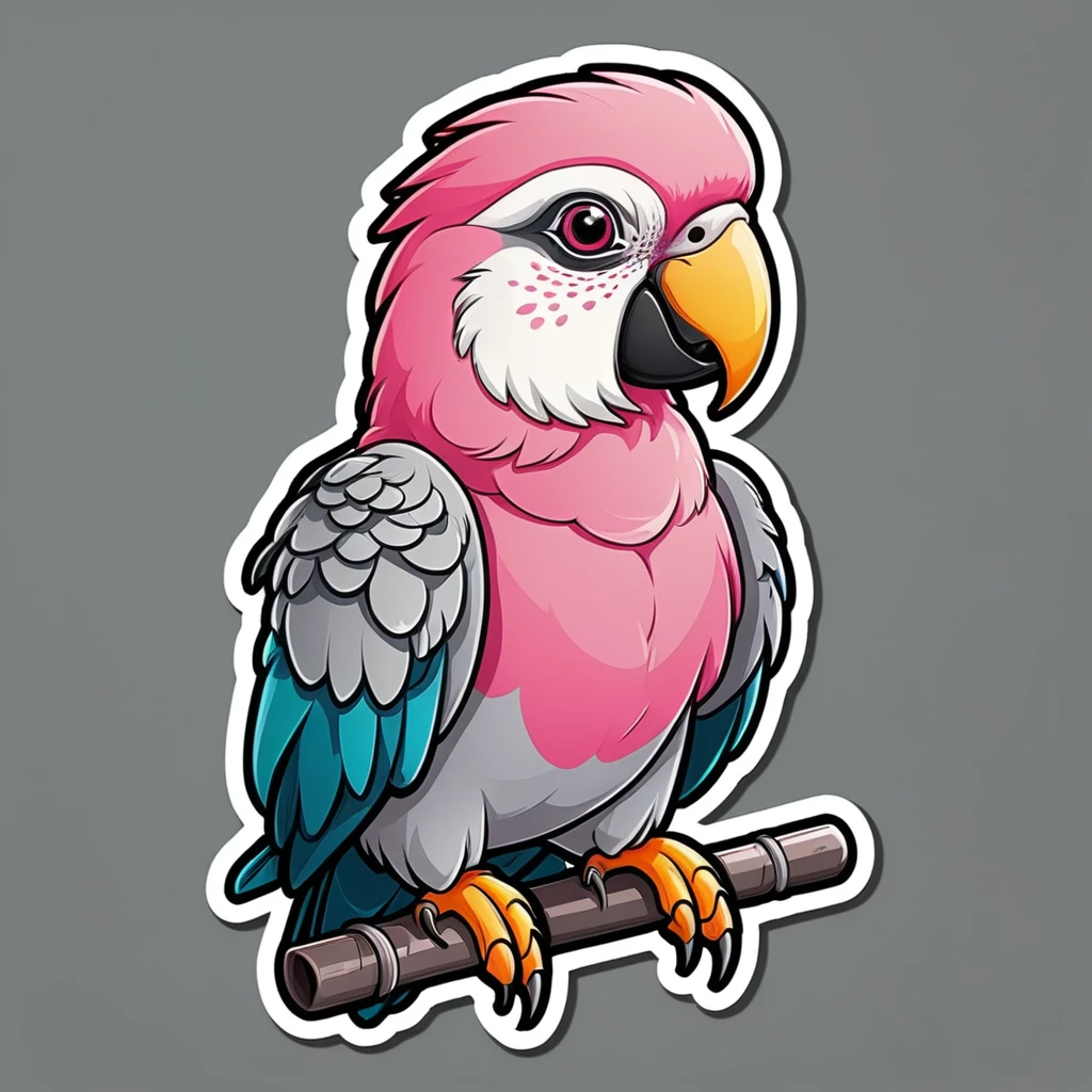 Clothing sticker design, cartoon parrot, parrot sticker, A high resolution, high detail, cartoon style, color gray and pink