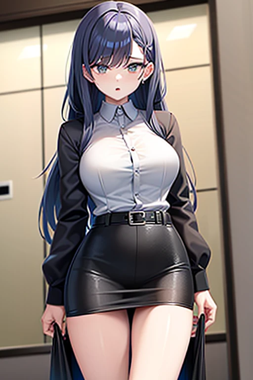 Beautiful tall woman with long black hair wearing a black miniskirt and a short white shirt