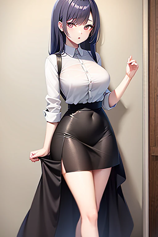 score_9, score_8_superior, score_7_superior, score_6_superior,an anime girl in a white dress standing next to a door with her arms behind her back, 1girl, breasts, solo, smile, looking at viewer, long sleeves, belt, thighhighs, jewelry, bangs, boots, black hair, frills, blush, purple eyes, earrings