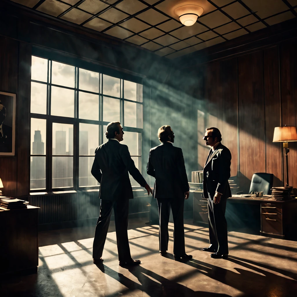 Scene with two men in suits in an office of a building arguing, Maximum details, dark fantasy style from the 70s, Vintage. Shadows and spectacular lighting