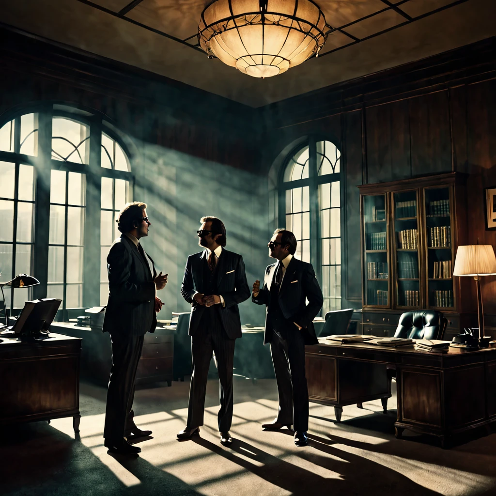 Scene with two men in suits in an office of a building arguing, Maximum details, dark fantasy style from the 70s, Vintage. Shadows and spectacular lighting