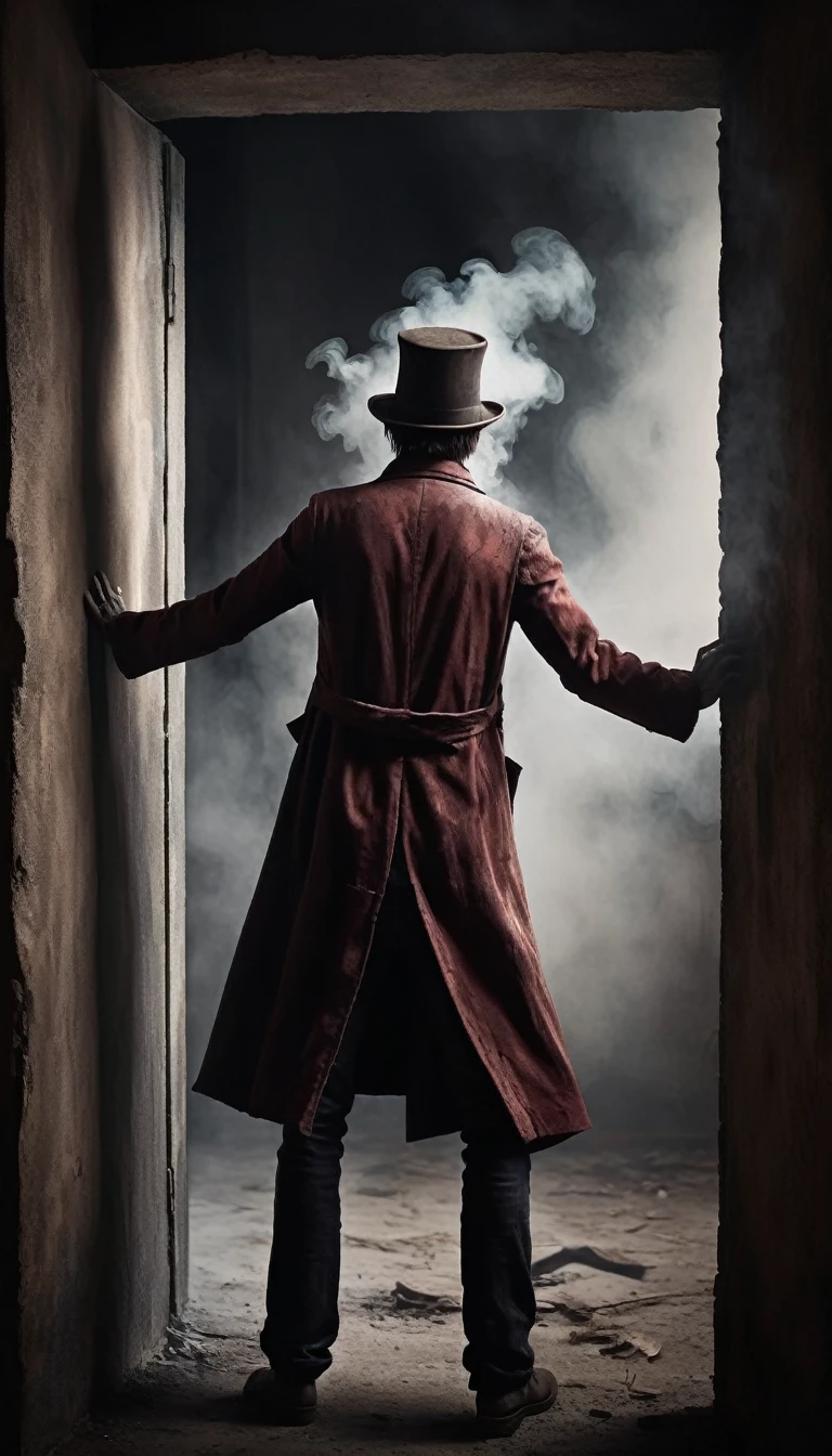 "Image of the crooked man disappearing with his back turned through a wall that opens like smoke, with the  still in his arms. The atmosphere is otherworldly and spooky.
Ultra realistic image.

