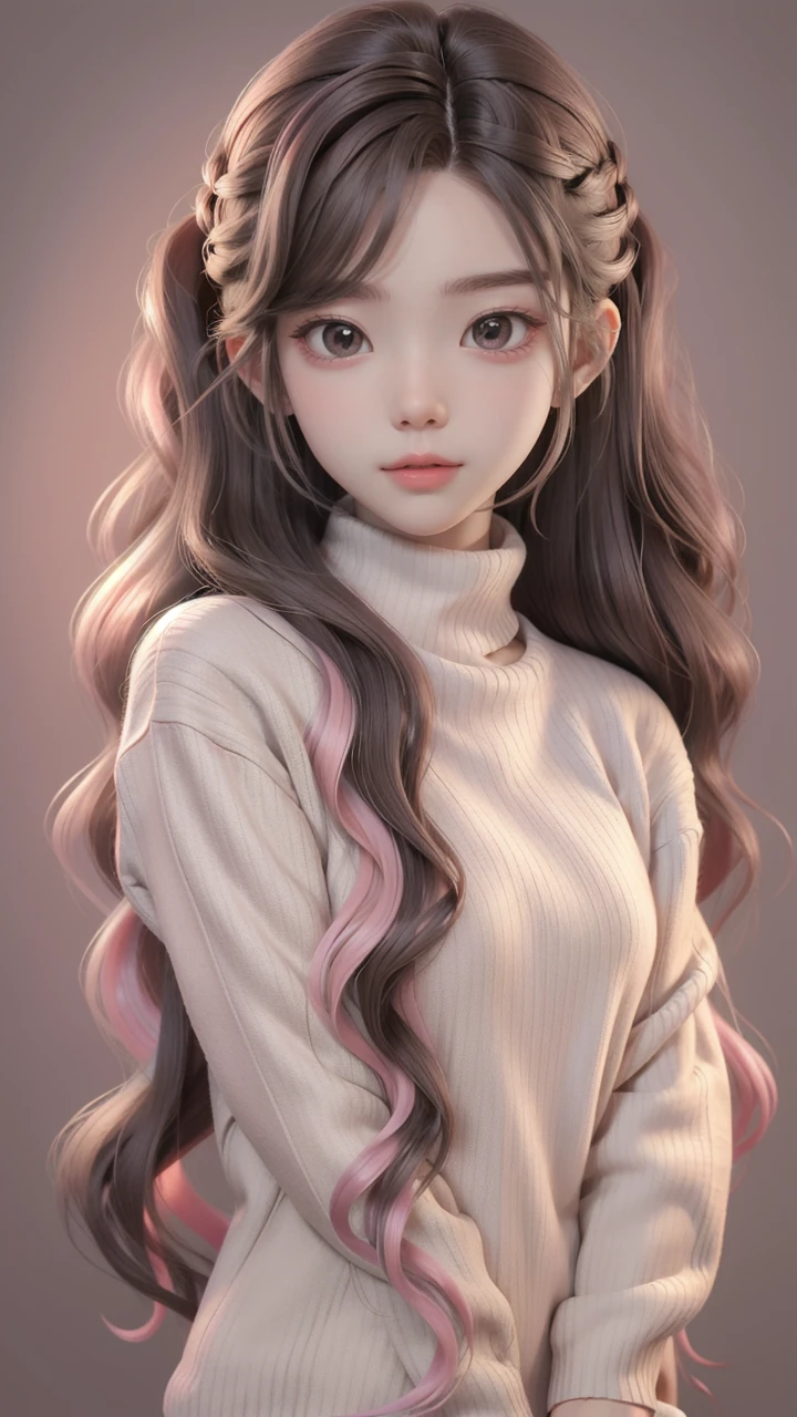 Girl, long brown hair, gray eyes, sharp features, white skin, pink lips, wavy hairstyle, sweater, brown jacket