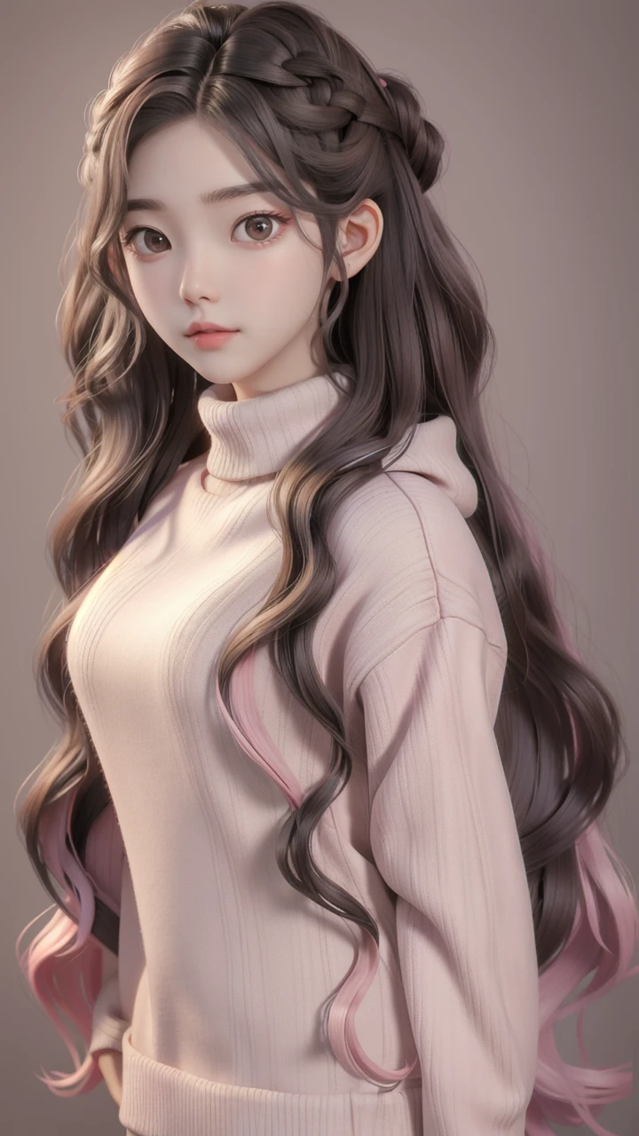 Girl, long brown hair, gray eyes, sharp features, white skin, pink lips, wavy hairstyle, sweater, brown jacket