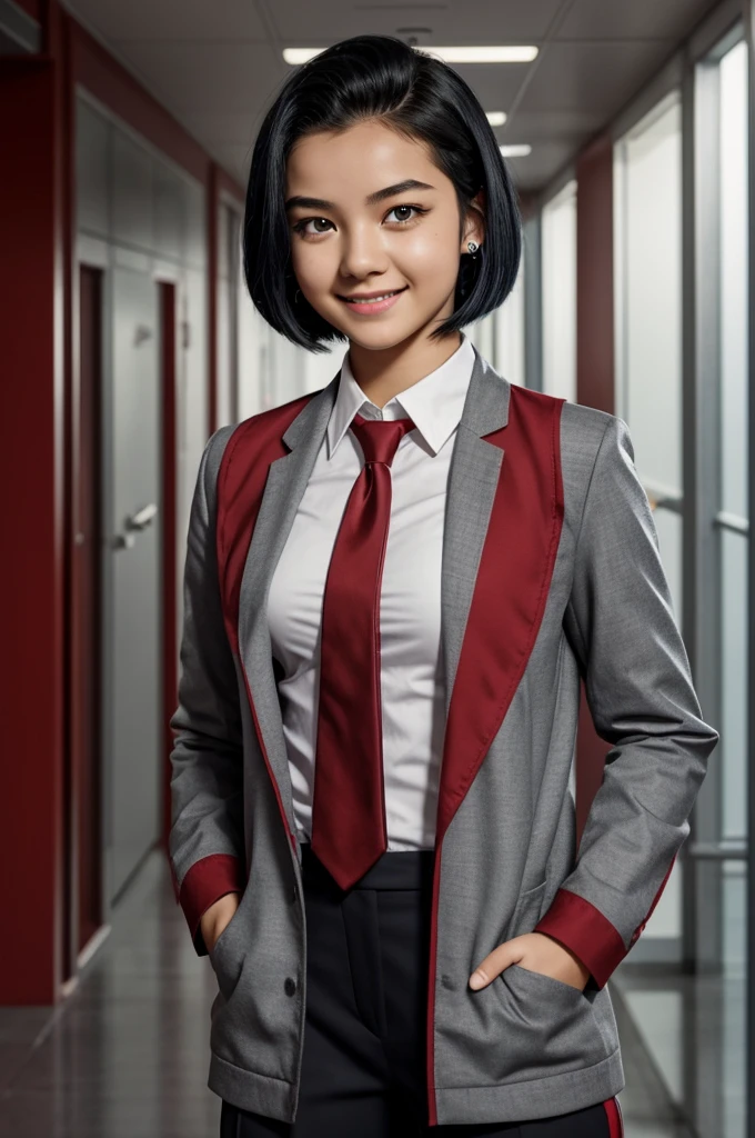 My Hero Academia" , white skin, black hair, short hair with a loose strand on the forehead, bright red eyes, long eyelashes, arrogant lips with piercings, domineering expression, smiling expression, narcissistic. Aura UA uniform, gray jacket and red tie. Wide shot, UA hallway background, sunny day, screenshot from Bones Studios.