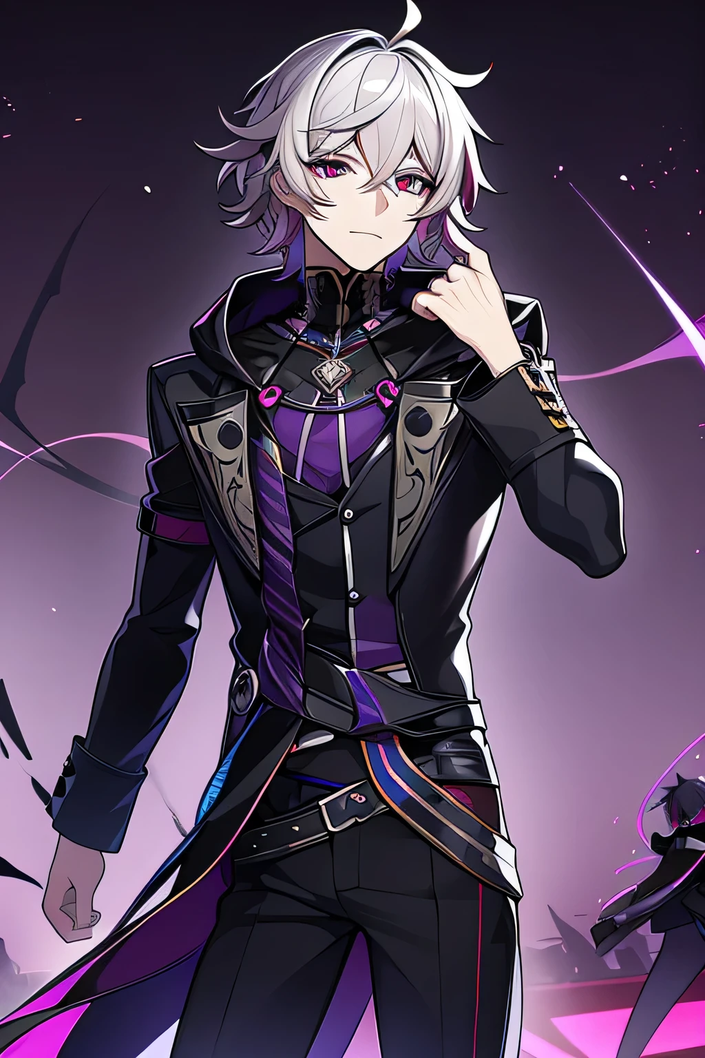 (high quality, breathtaking),(expressive eyes, perfect face) 1male, male , One, , Short hair length, wavy curly hair, dirty hair, white and black hair color, multicolored hair, dark purple eye color, Background, music, mature, haunting twilight Background, slightly narrow eyes, jacket with a hood, dark purple blue shirt, dark blue black pants, modern outfit, Male version of Vocaloid VFlower, Spy Family x, art style, male face