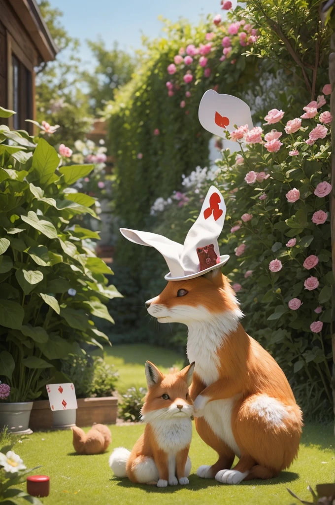 Fox with hat playing cards with a rabbit in a garden