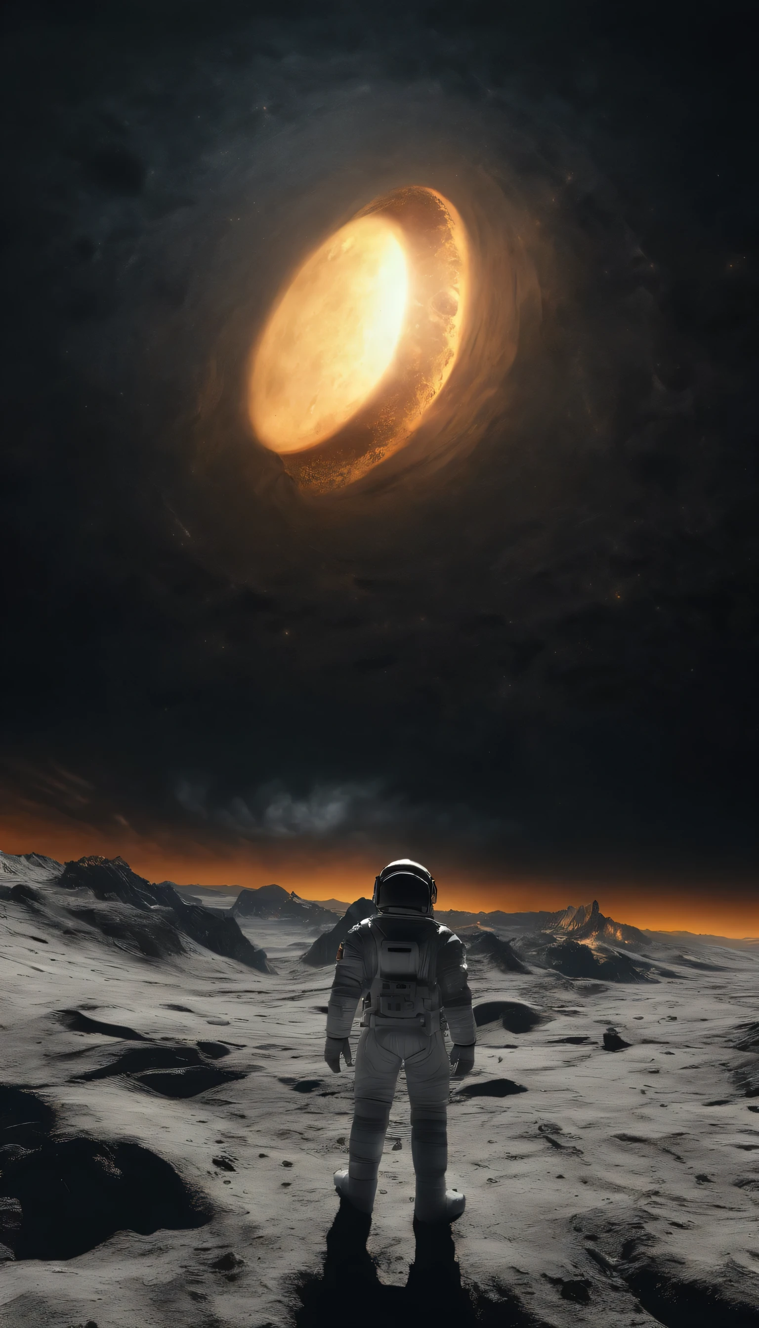 The Moon, centered, casts a dark umbra on Earth, depicting the path of totality. The Sun, in radiant oranges and yellows, forms a stunning corona effect around the Moon, all aligned casting a fading black hole sun halo in the space, orbit space vfx, exosphere, cosmic, astral, quantic, cold and warm,energy-filled epic science fiction film concept digital art by maciej kuciara and vincent di fate,1998 NASA photo, hasselblad electric camera 70mm film, skylab flashlight photography, in the style of Interstellar by Christopher Nolan