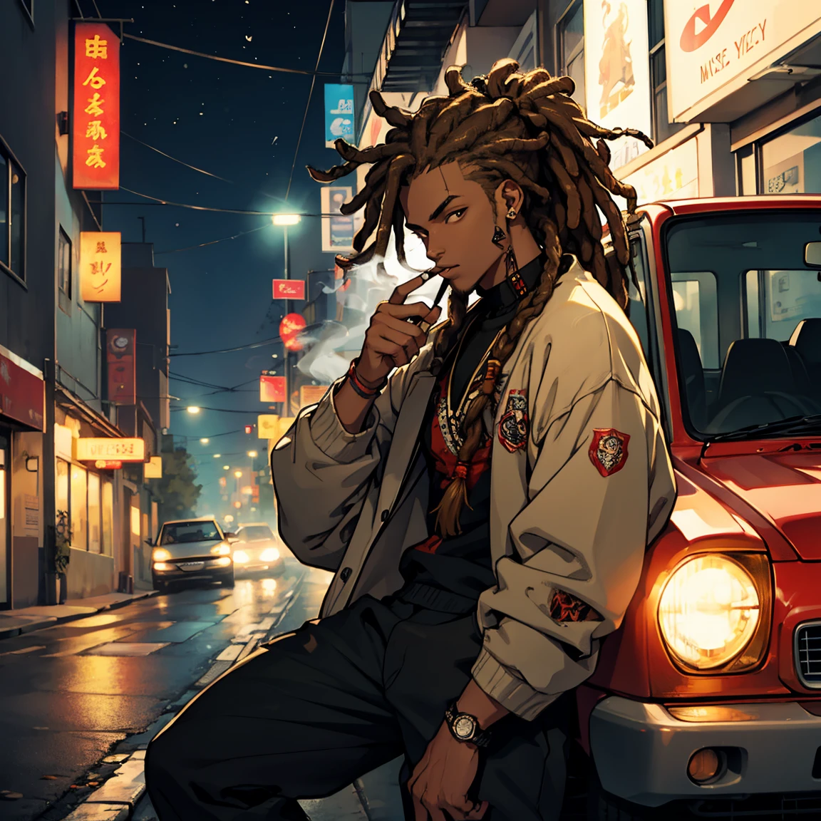 light skin guy with dreadlocks, smoking and driving at night, on a lonely street