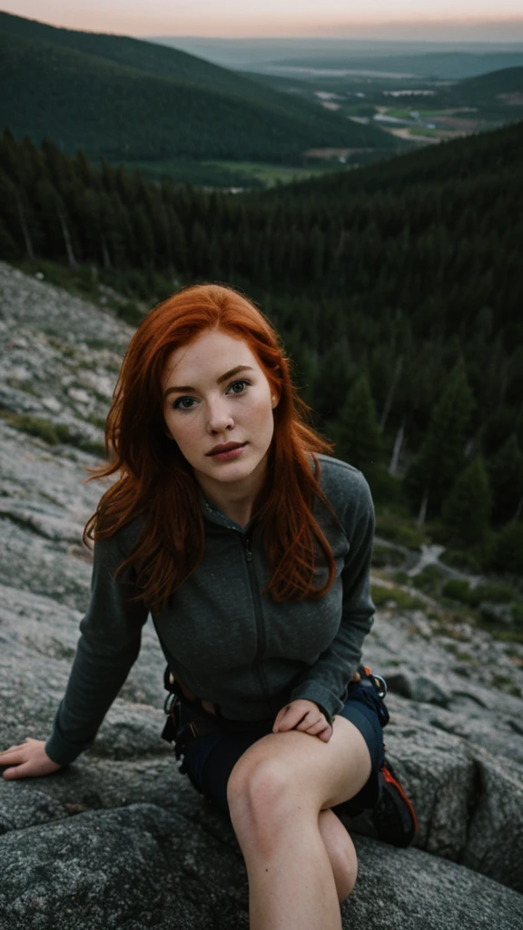 hdr, a redhead woman, climbing mountains, close up, details Intricate, hyperdetailed, cinematic, dark shot, subdued colors, grainy film, calming hues, subdued colors, tecnicolor, (muddy:0.6)