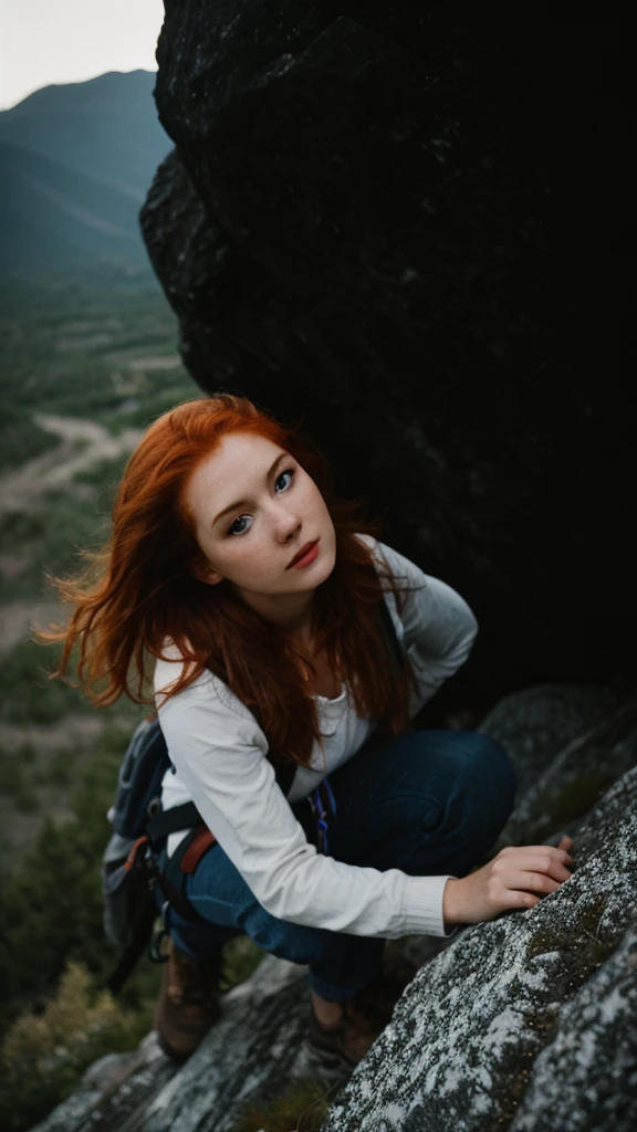 hdr, a redhead woman, climbing mountains, close up, details Intricate, hyperdetailed, cinematic, dark shot, subdued colors, grainy film, calming hues, subdued colors, tecnicolor, (muddy:0.6)