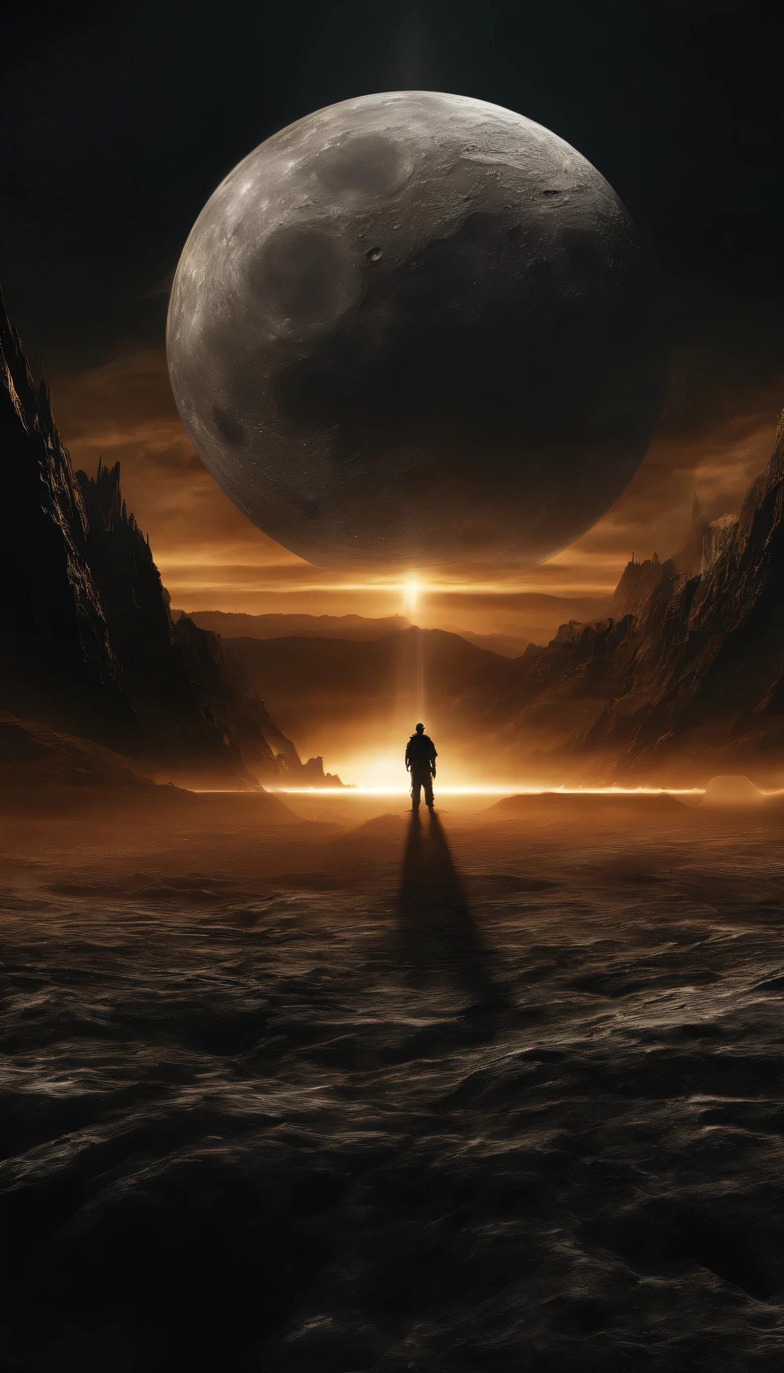 The Moon, centered, casts a dark umbra on Earth, depicting the path of totality. The Sun, in radiant oranges and yellows, forms a stunning corona effect around the Moon, all aligned casting a fading black hole sun halo in the space, orbit space vfx, exosphere, cosmic, astral, quantic, cold and warm,energy-filled epic science fiction film concept digital art by maciej kuciara and vincent di fate,1998 NASA photo, hasselblad electric camera 70mm film, skylab flashlight photography, in the style of Interstellar by Christopher Nolan