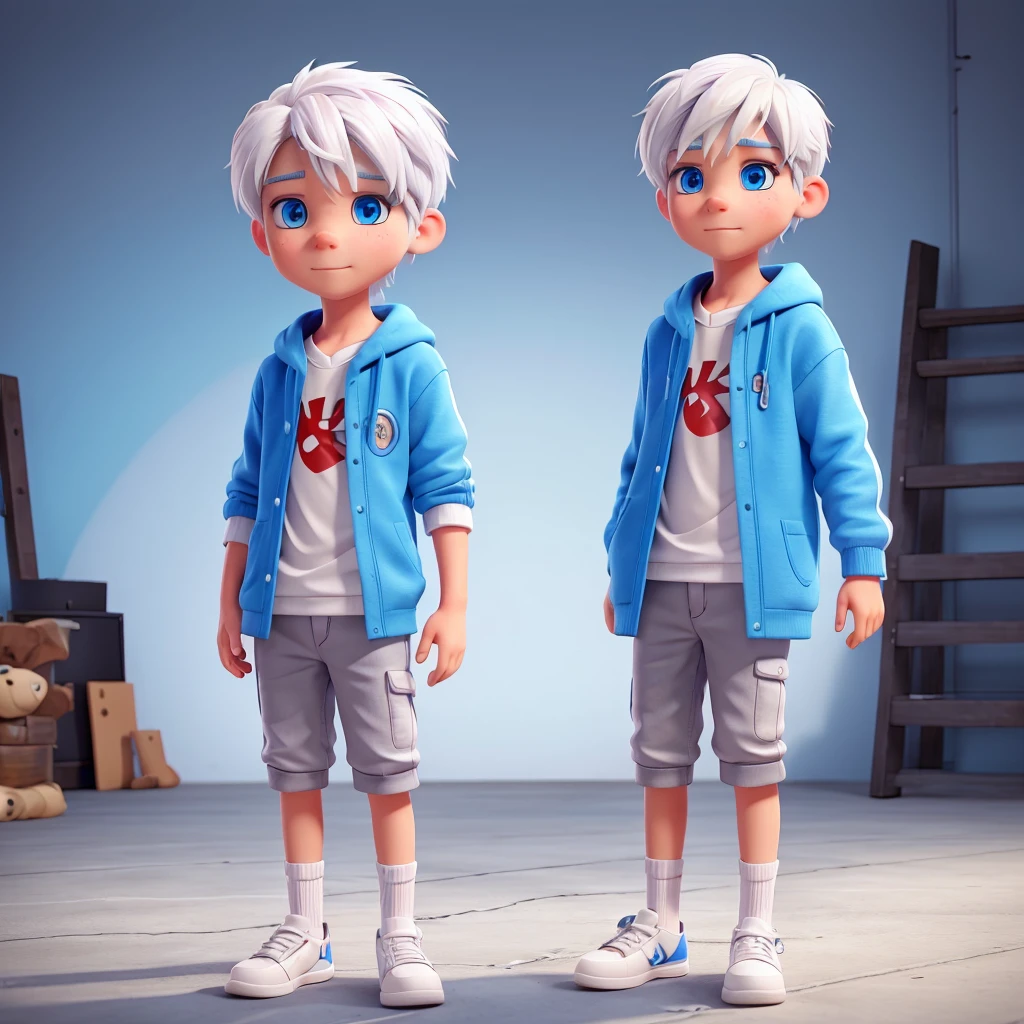 Create a boy with white hair and bright blue eyes, dressed like a rapper