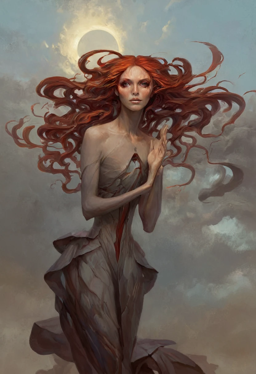 EdobHorrorLandscape, painting of a woman with flowing dark red hair, peter mohrbacher, kbak, gorgeous brown eyes, surreal, fantasy design, rich brown eye color, masterpiece, high detail --ar 2:3  