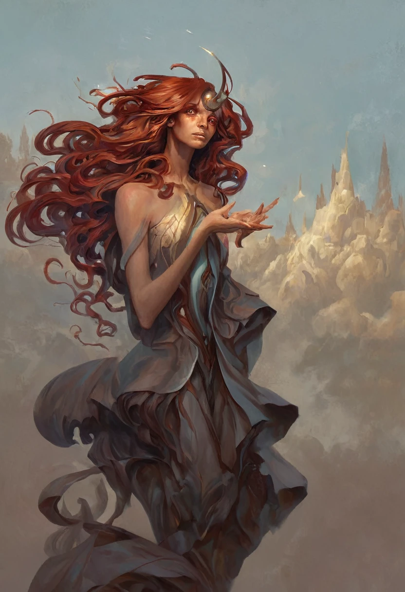 EdobHorrorLandscape, painting of a woman with flowing dark red hair, peter mohrbacher, kbak, gorgeous brown eyes, surreal, fantasy design, rich brown eye color, masterpiece, high detail --ar 2:3  