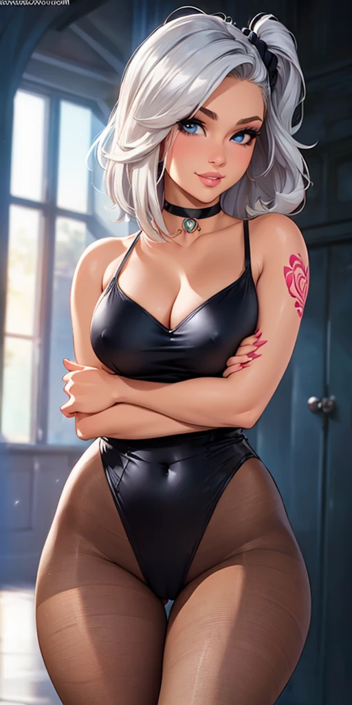 (best quality, ultra-detailed, photorealistic: 1.39), bright and vibrant colors, studio lighting, romantic expression, masterpiece, best quality1girl, solo, long silver hair, flowing hair, very short hair, blue eyes, hair scrunchie, looking at viewer, lips, shy smile, cowboy shot, pantyhose, night, bodycon dress, tight dress, stylish makeup, hair flowing in the windcleavage, adult woman face, medium and round breasts, sensual and stylish pose, creating a dreamy and magical atmosphere, black choker, side shot, slim body shape, healthy thighs, thigh gap. ((tattoo on thigh))