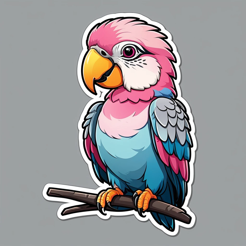 Clothing sticker design, cartoon parrot, parrot sticker, A high resolution, high detail, cartoon style, color only gray and pink