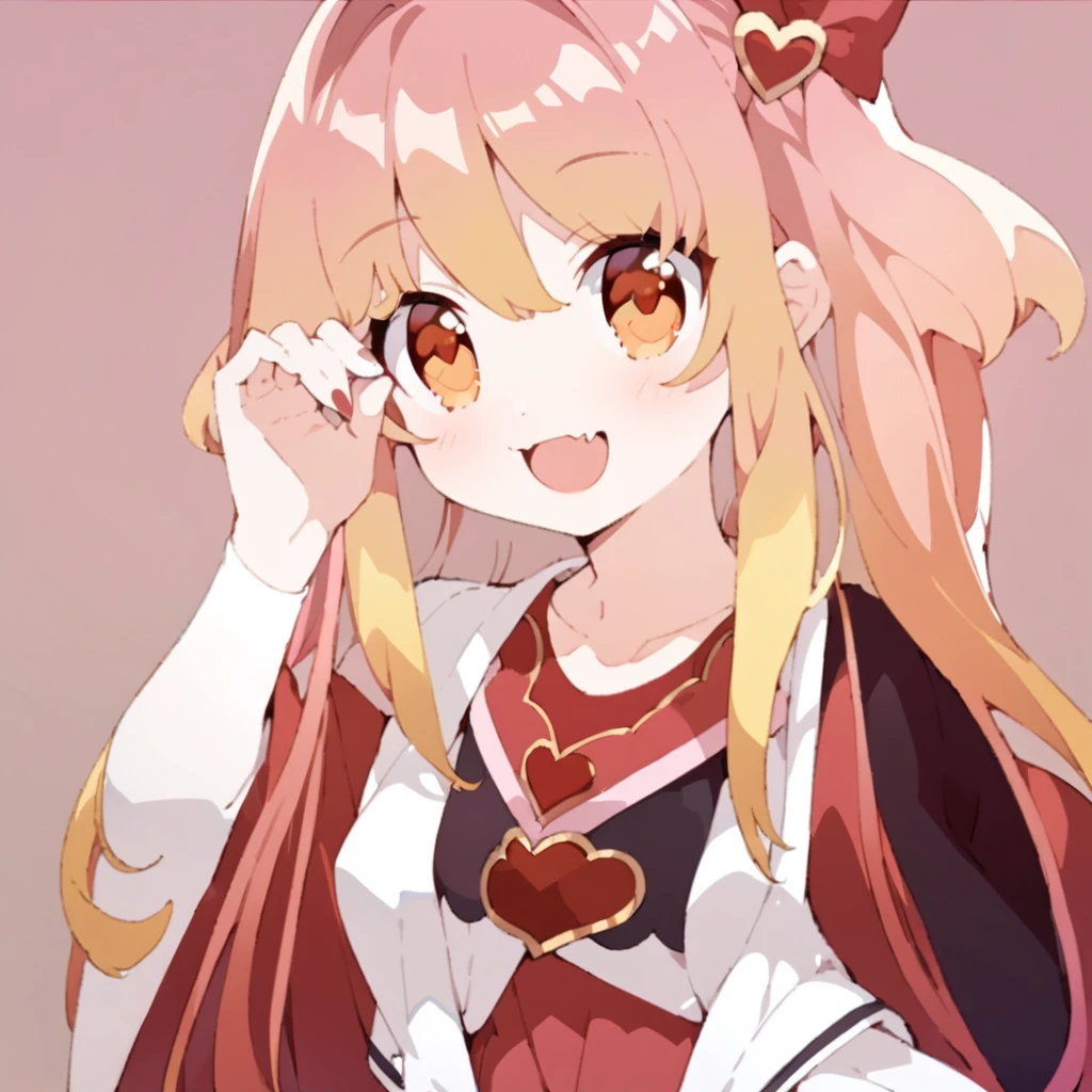 ultra-detailed illustration of cute girl, solo, pink and gold long hair, multicolored hair, gradation hair, heart-shaped hair ornament, orange eyes, smile, skin fangs, red and white clothes, fantasy costume, robe, cel style, simple background, masterpiece, best quality, beautiful illustration, very aesthetic art