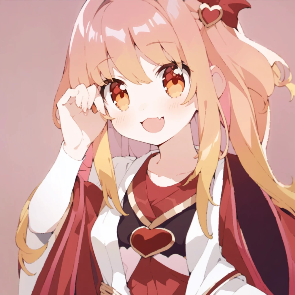 ultra-detailed illustration of cute girl, solo, pink and gold long hair, multicolored hair, gradation hair, heart-shaped hair ornament, orange eyes, smile, skin fangs, red and white clothes, fantasy costume, robe, cel style, simple background, masterpiece, best quality, beautiful illustration, very aesthetic art
