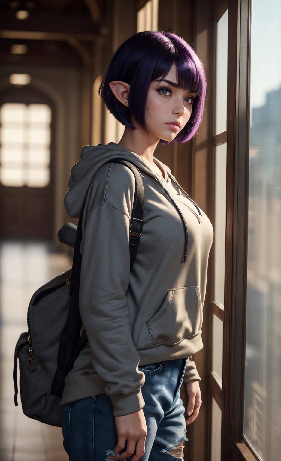 (masterpiece), (extremely intricate:1.3), (realistic), portrait of a girl, huge and perfect breasts, the most beautiful in the world, dark eyebrows, bright purple hair, (short and messy Bob haircut:1.2), almond eyes, scowl, (annoyed pout:1.2), blushing heavily, (oversized baggy cosy hoodie), (ripped baggy jeans), (canvas sneakers), (backpack), (elf ears:1.1), tanned, detailed textures, indoors, bright sunlight, classroom hallway, professional photograph of a stunning woman detailed, looking at the camera, alluring stare, detailed eyes, sharp focus, dramatic, award winning, cinematic lighting, octane render  unreal engine,  volumetrics dtx, (film grain, blurry background, blurry foreground, bokeh, depth of field, motion blur:1.3)