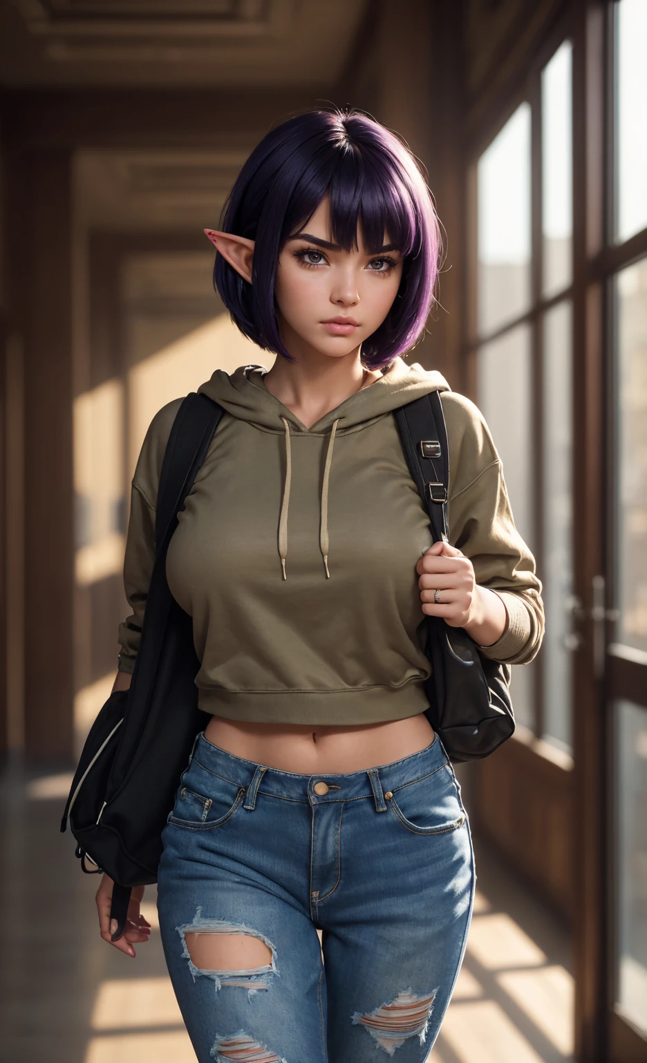 (masterpiece), (extremely intricate:1.3), (realistic), portrait of a girl, huge and perfect breasts, the most beautiful in the world, dark eyebrows, bright purple hair, (short and messy Bob haircut:1.2), almond eyes, scowl, (annoyed pout:1.2), blushing heavily, (oversized baggy cosy hoodie), (ripped baggy jeans), (canvas sneakers), (backpack), (elf ears:1.1), tanned, detailed textures, indoors, bright sunlight, classroom hallway, professional photograph of a stunning woman detailed, looking at the camera, alluring stare, detailed eyes, sharp focus, dramatic, award winning, cinematic lighting, octane render  unreal engine,  volumetrics dtx, (film grain, blurry background, blurry foreground, bokeh, depth of field, motion blur:1.3)