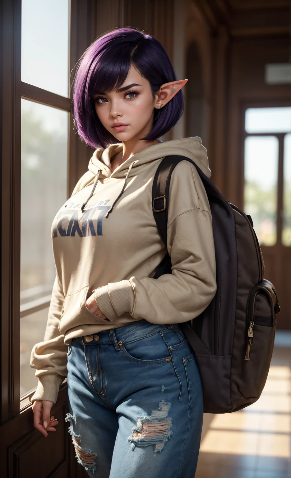 (masterpiece), (extremely intricate:1.3), (realistic), portrait of a girl, huge and perfect breasts, the most beautiful in the world, dark eyebrows, bright purple hair, (short and messy Bob haircut:1.2), almond eyes, scowl, (annoyed pout:1.2), blushing heavily, (oversized baggy cosy hoodie), (ripped baggy jeans), (canvas sneakers), (backpack), (elf ears:1.1), tanned, detailed textures, indoors, bright sunlight, classroom hallway, professional photograph of a stunning woman detailed, looking at the camera, alluring stare, detailed eyes, sharp focus, dramatic, award winning, cinematic lighting, octane render unreal engine, volumetrics dtx, (film grain, blurry background, blurry foreground, bokeh, depth of field, motion blur:1.3)