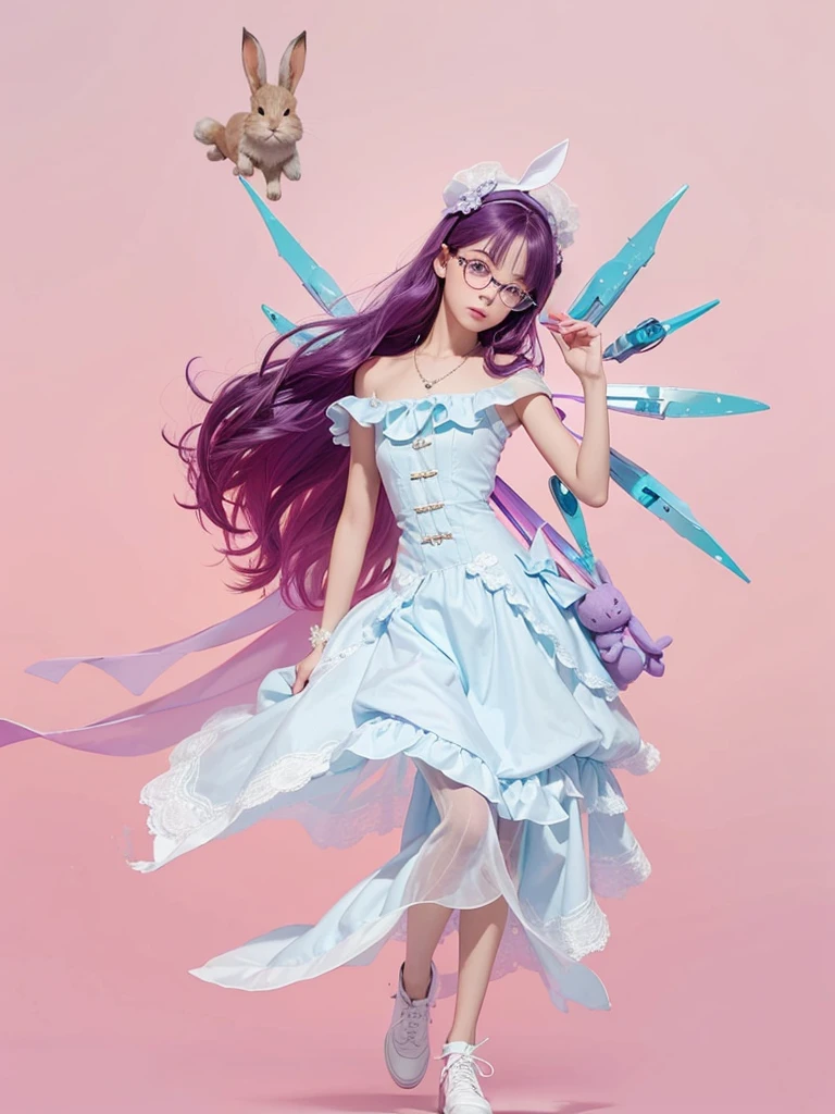 A very cute 12 year old , de corpo inteiro, with loose purple hair, with a rabbit wearing prescription glasses floating alongside, with light blue dress.
