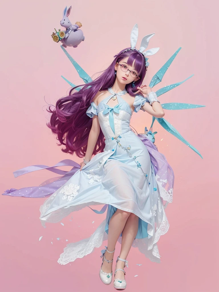A very cute 12 year old , de corpo inteiro, with loose purple hair, with a rabbit wearing prescription glasses floating alongside, with light blue dress.