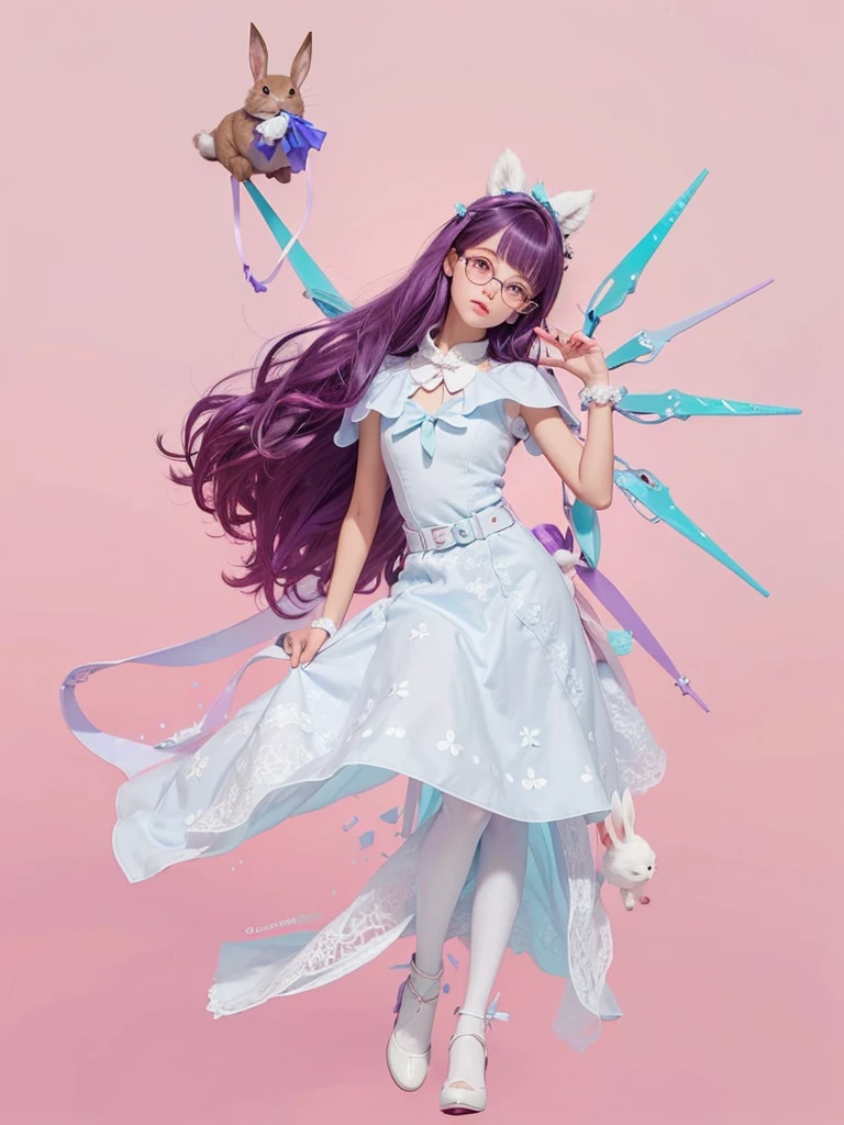 A very cute 12 year old , de corpo inteiro, with loose purple hair, with a rabbit wearing prescription glasses floating alongside, with light blue dress.