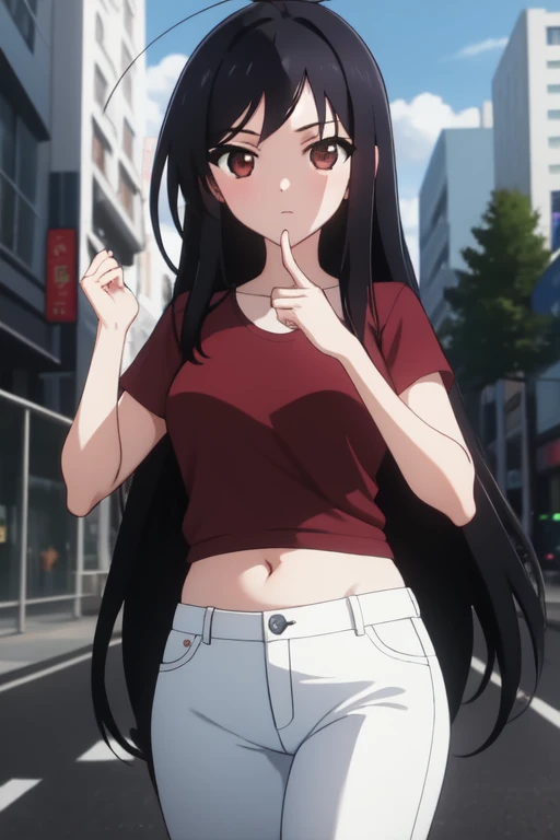 masterpiece, best quality, absurdres, Kuroyukihime antenna hair, red bow, red t shirt, white pants, jeans, scoop neck, nice hands, perfect hands, beaufitul hand, beautiful finger, outdoors, city, daytime, sharp focus, (perfect anatomy), cowboy shot, [Cinematic lighting|Volumetric Lighting], looking at viewer belly, 