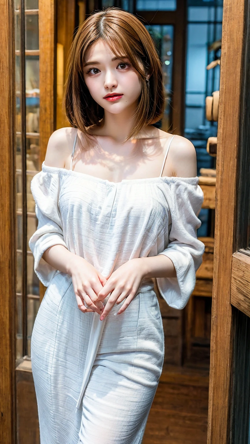 Dressing room、Super detailed、Particles of light:0.5、Beautiful Eyeouth half open、Natural Texture、Mature slender beauty、Off the shoulder、sexual temptation、