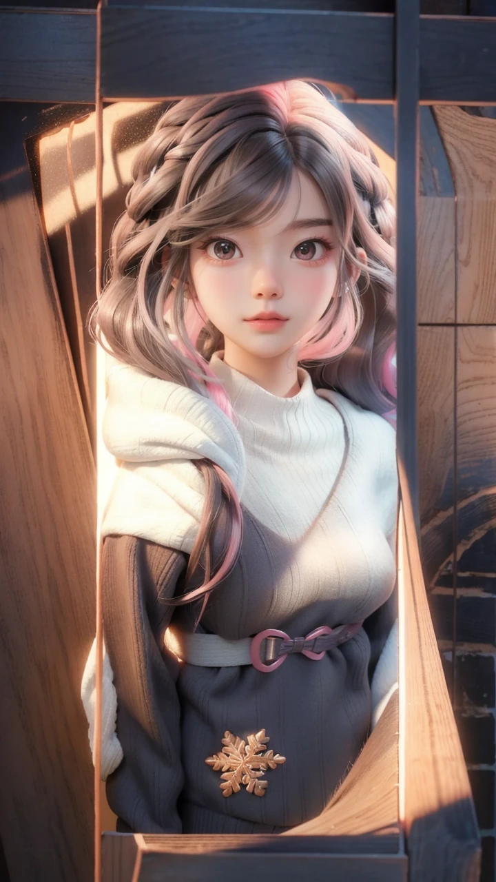 Girl, long brown hair, gray eyes, sharp features, white skin, pink lips, wavy hairstyle, sweater, brown jacket
