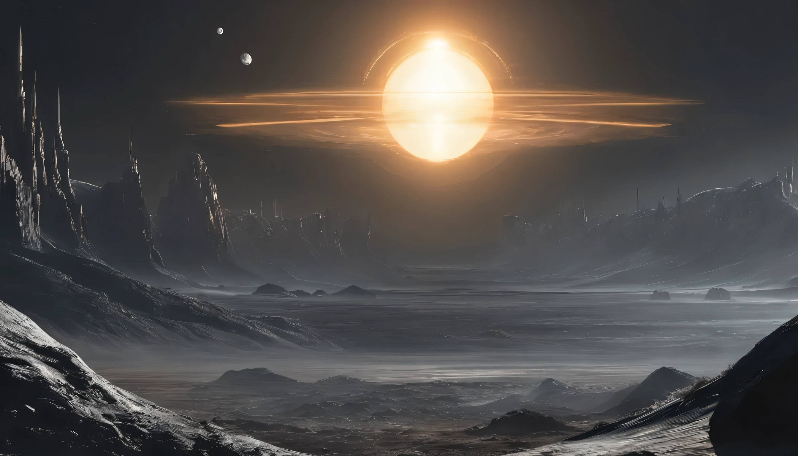11 Planets, including the Sun and the Moon, cast a dark umbra on Earth, depicting the path of totality. The Sun, in radiant oranges and yellows, forms a stunning corona effect around the Moon, all aligned casting a fading black hole sun halo in the space, orbit space vfx, exosphere, cosmic, astral, quantic, cold and warm,energy-filled epic science fiction film concept digital art by maciej kuciara and vincent di fate,1998 NASA photo, hasselblad electric camera 70mm film, skylab flashlight photography, in the style of Interstellar by Christopher Nolan