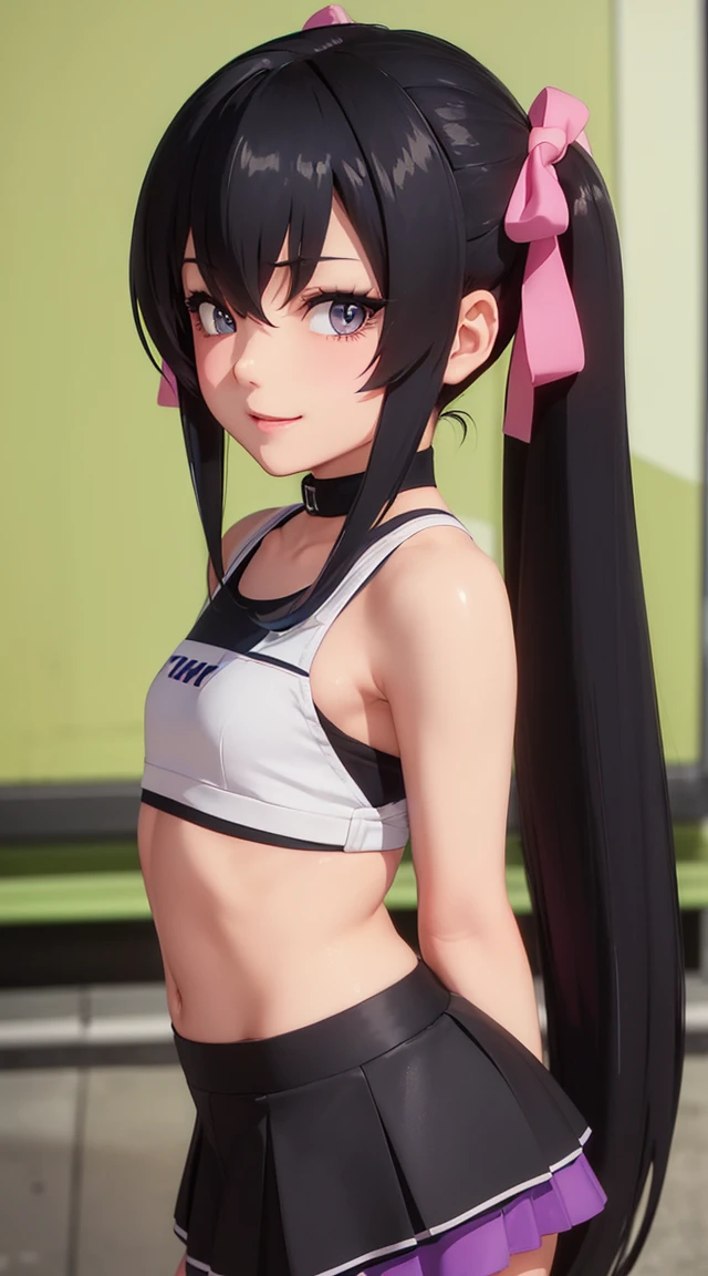 (masterpiece:1.3), (Best Quality:1.3), (Ultra-detailed:1.2), ((kawaii)), Cute, (lovely), ((sexy)), ((Extremely detailed)), 4K, (8K), Best Quality, (Beautiful), Illustration, anime style, (bold line:1.2), Gradation, looking at viewer, //, (bent down:1.1), (arms behind back), //, a cute girl, 1girl, (solo:1.2), gleaming skin, //, (flat chested), (Perfect eyes:1.2), (Perfect iris:1.2), //, darkblue hair color, (beautiful eyes) //, (half closed eyes:1.3), (sexual expression:1.2), Fascinated expression, smile, (blush:1.2), //, modern city background, on rock, twin tails, muscle girl, hard abs, exposed abs, skirt