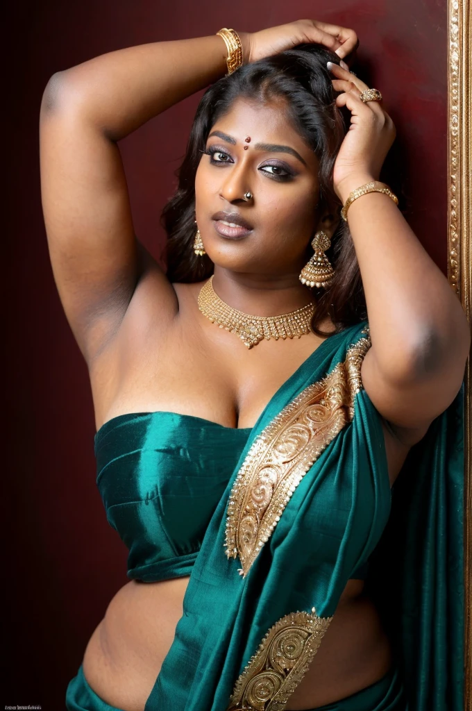 Looks like Nayanthara, thick figure, bulky figure, fleshy figure, black lips, beautiful hypnotizing gazing eyes, Full figured woman, heavy figure, attractive, gorgeous, stunning beauty, milf, 50 years old Woman, attractive body, araffe woman in a gold sari posing for a picture, chocolate skin, skin pores, sweat, incredible skin texture, wearing gold jewellery, photo of a hand jewellery model, sexy girl with dark complexion, indian girl with brown skin, traditional beauty, wearing elegant jewellery, traditional makeup, with small studded earings, indian goddess, indian, intricate thin details in gold, gold jewellery, modeling shoot, 7 0 mm portrait, dramatic lighting, cinematic colour grading,